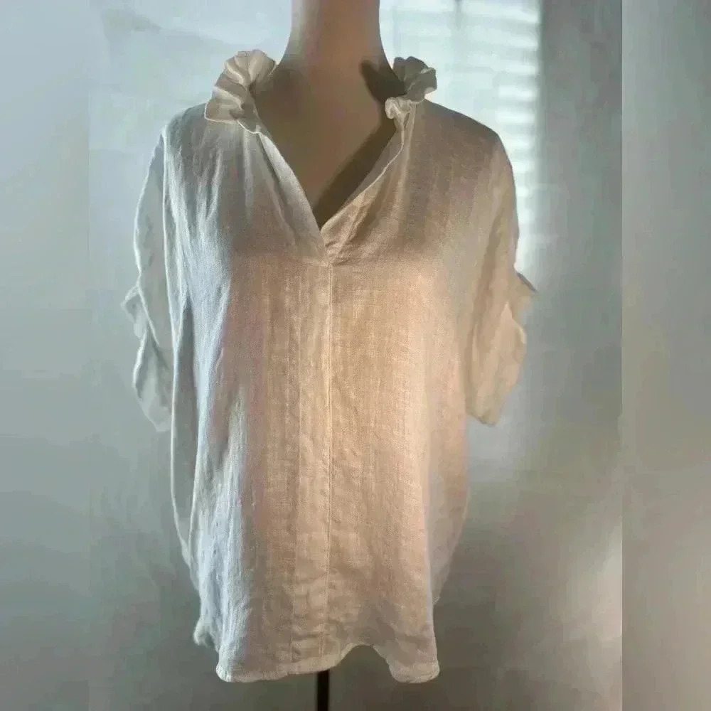 Jag 100% Linen Ruffled Collar White Blouse